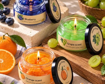 Vela artesanal en tarro de mermelada de frutas, pegatina personalizada para la mecha, decoración realista de postres, regalo kawaii para la cocina, cera perfumada, regalo de cumpleaños para amantes de la gastronomía.