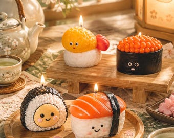 Juego de 4 velas de sushi hechas a mano, velas de comida kawaii, pegatina de mecha personalizada, decoración japonesa para el hogar, regalo para amantes del sushi, regalo de cumpleaños para amantes de la comida