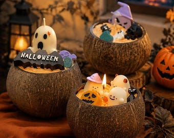 Vela de Halloween en cuenco de coco, pegatina personalizada para la mecha, vela fantasma, decoración de Halloween, decoración espeluznante para el hogar, vela de cera de soja hecha a mano