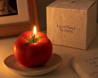 Vela de tomate hecha a mano, pegatina personalizada en la mecha, vela vegetal realista, decoración veraniega fresca de jardín, mensaje personalizado en la mecha, regalo para amantes de la gastronomía.