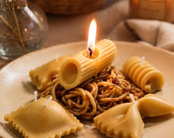 Set de regalo de vela de pasta artesanal, pegatina de mecha personalizada, decoración de comida falsa, regalo para amantes de la pasta, vela de cera de soja hecha a mano, estética de cocina