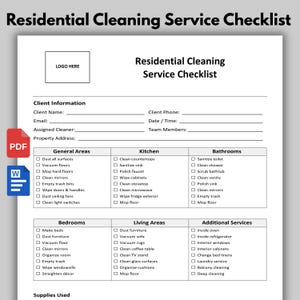 May include: A white Residential Cleaning Service Checklist document featuring sections for client information, general areas, kitchen, bathrooms, bedrooms, living areas, and additional services with checkboxes. Includes PDF and Word file icons.