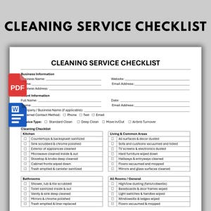 May include: A white cleaning service checklist document with black text. It includes sections for business and client information, followed by categorized cleaning tasks for kitchens, living areas, bathrooms, and general rooms with checkboxes.