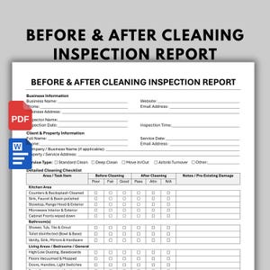 Può includere: Un documento bianco intitolato BEFORE & AFTER CLEANING INSPECTION REPORT con testo e linee nere. Include sezioni per le informazioni sull'azienda e sul cliente, caselle di controllo per il tipo di servizio e una lista di controllo di pulizia.