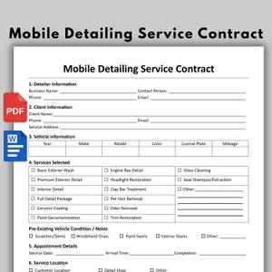 Mobile Detailing Service Contract, Car Detailing Agreement, Auto Detailer Form, Vehicle Service Contract, Editable Word PDF