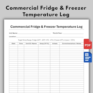 Könnte beinhalten: Ein weißes Dokument mit der Überschrift Commercial Fridge & Freezer Temperature Log mit schwarzem Text und Linien. Es enthält Felder für Einheitsname, Monat/Jahr, Standort und eine Tabelle für Datum, Uhrzeit, Einheits-ID, Temperatur, Initialen und Notizen. Rote PDF- und blaue Word-Symbole.