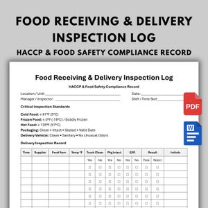 Può includere: Un documento bianco di registro di ispezione per la ricezione e la consegna di alimenti con intestazioni HACCP e conformità alla sicurezza alimentare, campi per luogo, data e responsabile, e una tabella per tracciare i risultati dell'ispezione.