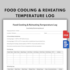 Puede incluir: Un documento blanco titulado Food Cooling & Reheating Temperature Log con secciones para el nombre del empleado, ubicación, fecha y pautas de seguridad. Incluye tablas para registrar los tiempos y temperaturas de enfriamiento y recalentamiento.