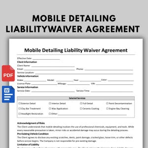 Editable Mobile Detailing Liability Waiver Form | Mobile Detailing Liability Waiver Agreement | Editable MS Word Template & Printable PDF