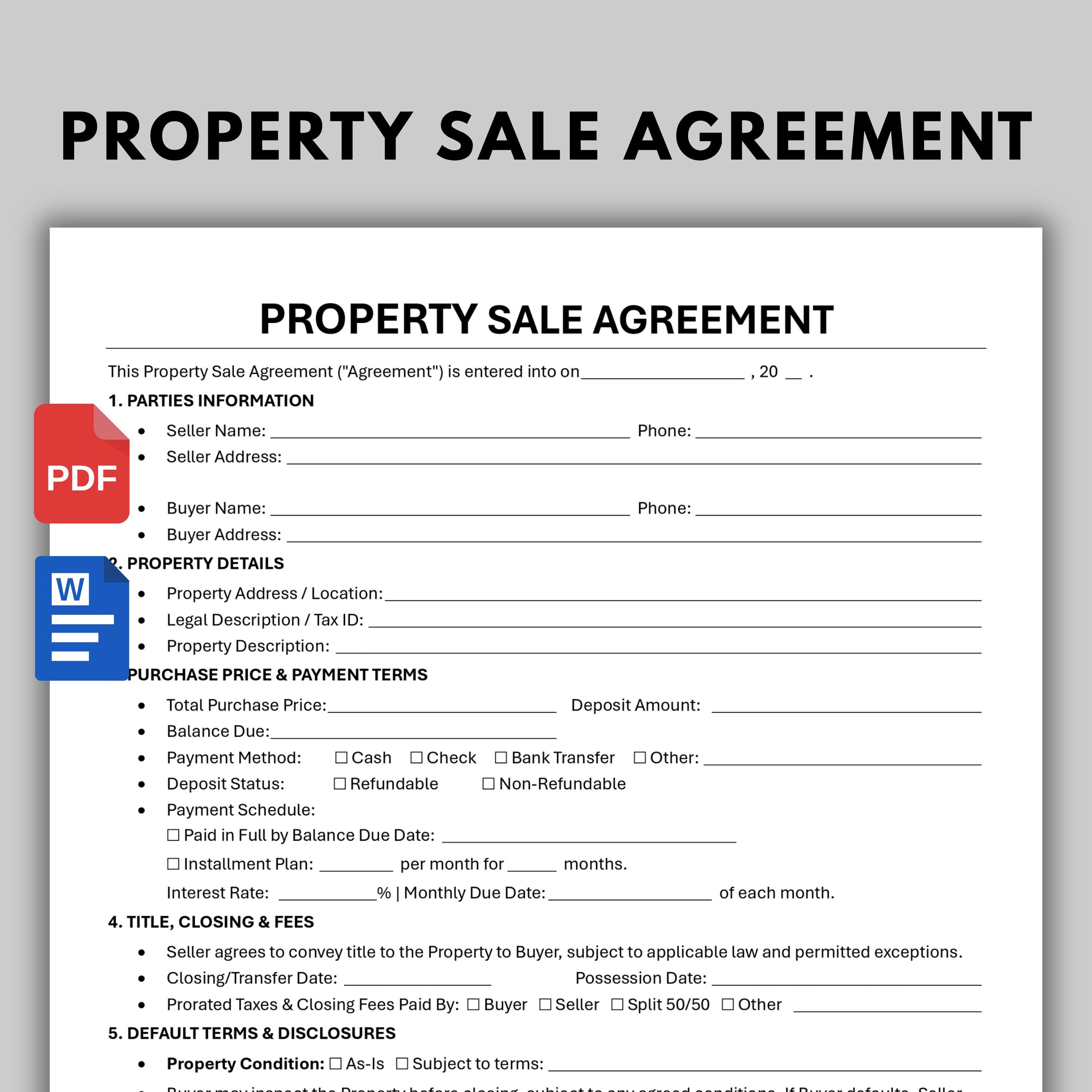 Property Sale Agreement Template Real Estate Purchase Contract Editable Word PDF Printable Property Sale Form