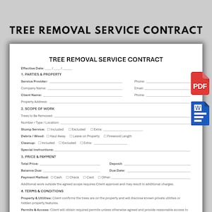 Könnte beinhalten: Ein weißes Dokument mit dem Titel Tree Removal Service Contract in schwarzer Schrift, das Abschnitte für Parteien, Eigentum, Arbeitsumfang, Preis, Zahlung und Bedingungen enthält. Rote PDF- und blaue Word-Symbole befinden sich rechts.