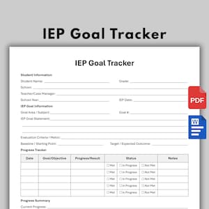 May include: A white IEP Goal Tracker document featuring sections for student information, goal details, and a progress tracker table with checkboxes for Met, In Progress, and Not Met status. Includes red PDF and blue Word document file icons.