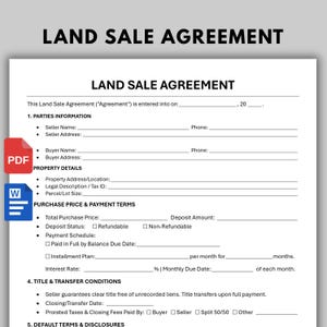 Może przedstawiać: Biały dokument zatytułowany Land Sale Agreement z czarnym tekstem, zawierający sekcje dotyczące informacji o stronach, szczegółów nieruchomości, ceny zakupu, warunków płatności oraz warunków przeniesienia tytułu własności, wraz z ikonami plików PDF i Word.