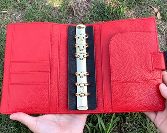 Full Grain Leather Binder A6 6-Ring Refillable Planner in Black and Red Travelers Journal Sketchbook with Custom Engraving