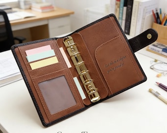 Full Grain Leather A7 Binder Mini Size 6 Ring Refillable Planner in Brown & Tan Travelers Journal Sketchbook with Custom Engraving