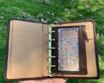 Full Grain Leather A8 Planner 5-Ring Refillable Binder Travelers Journal Sketchbook in Dark Brown and Beige Color