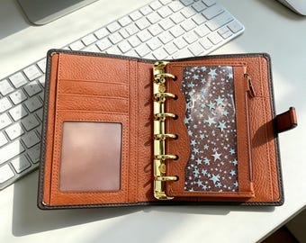 Full Grain Leather A7 Planner 6-Ring Refillable Binder inDark Brown and Tan Travelers Journal Sketchbook with Custom Engraving