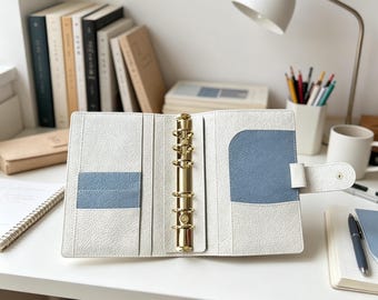 Full Grain Leather Binder A6 6-Ring Refillable Planner in Blue and Beige Travelers Journal Sketchbook with Customizable Engraving