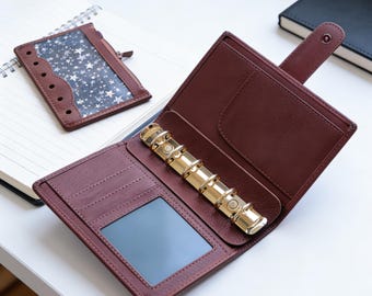 Full Grain Leather A7 Planner 6Ring Refillable Binder in Reddish Brown Travelers Journal Sketchbook with Custom Engraving