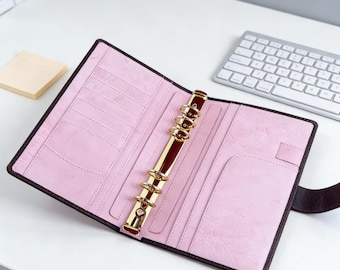 Full Grain Leather Binder A5s/puo 6 Ring Refillable Planner in Dark Brown and Pink Color Travelers Journal Sketchbook with Custom Engraving