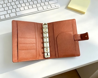 Full Grain Leather A7 Planner 6-Ring Refillable Binder in Brown Travelers Journal Sketchbook with Custom Engraving