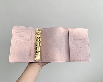 Full Grain Leather A7 Planner Trifold 6-Ring Refillable Binder in Navy and Pink Travelers Journal Sketchbook with Custom Engraving