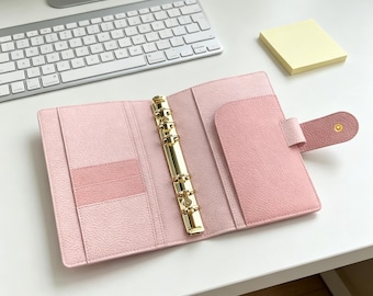 Full Grain Leather Binder A6 6-Ring Refillable Planner in Pink and Peach Color Travelers Journal Sketchbook with Customizable Engraving