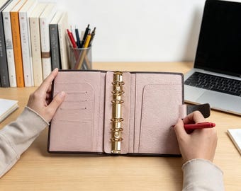 Full Grain Leather Binder A6 6-Ring Refillable Planner in Coffee and Pink Color Travelers Journal Sketchbook with Custom Engraving