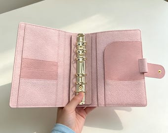 Full Grain Leather Binder A6 6-Ring Refillable Planner Dual-Pink Color Travelers Journal Sketchbook with Customizable Engraving
