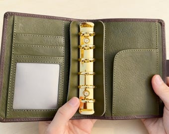 Full Grain Mini Size Leather Planner 6 Ring Refillable Binder Dark Brown and Olive Green Travelers Journal Sketchbook with Custom Engraving