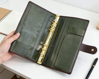 Full Grain Leather Planner A5s/puo 6 Ring Refillable Binder in Dark Brown and Olive Green Travelers Journal Sketchbook with Custom Engraving