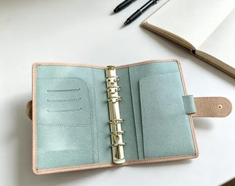 Full Grain Leather Binder A6 6-Ring Refillable Planner in Beige and Mint Color Travelers Journal Sketchbook with Customizable Engraving