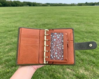 Full Grain Leather A8 Planner 5-Ring Refillable Binder Travelers Journal Sketchbook in Olive Green and Tan Color