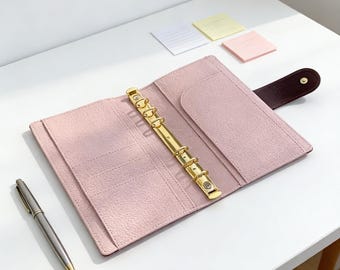Full Grain Leather Planner A6 Personal 6Ring Refillable Binder in Dark Brown and Pink Travelers Journal Sketchbook with Custom Engraving
