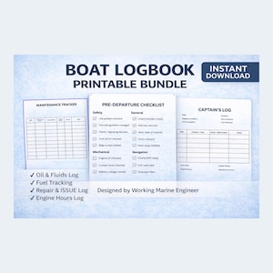 May include: A printable boat logbook bundle with a maintenance tracker, pre-departure checklist, and captain's log. Includes sections for oil & fluids, fuel tracking, repair & issue logs, and engine hours. The bundle is an instant download.
