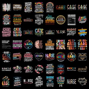 Op de afbeelding: Een verzameling van zesenzestig verschillende grafische ontwerpen met de tekst 'Case Manager' of 'Nurse Case Manager' in diverse kleurrijke lettertypes, stijlen en lay-outs, inclusief harten, bloemen, regenbogen en medische symbolen op een zwarte achtergrond.