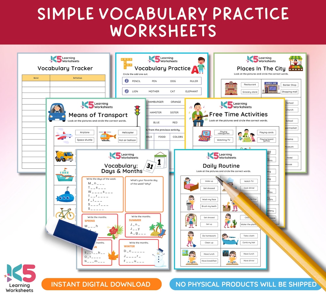 Preschool Kindergarten Vocabulary Worksheets, Early Learning English Literacy (digital Download ...