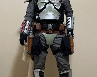 Traje personalizado de cosplay do Mandaloriano de Star Wars, modelo Star Wars, em tecido cinza, inspirado em Boba Fett | Roupa de caçador de recompensas de três peças em beskar com colete à prova de balas