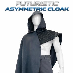 May include: A futuristic asymmetric cloak in dark gray, featuring a hood and a geometric shoulder wrap. The cloak is displayed on a mannequin, with text that reads "Futuristic Asymmetric Cloak", "Cyberpunk Costume", "Sci-Fi Shoulder Wrap", and "Men's Fantasy Outerwear".