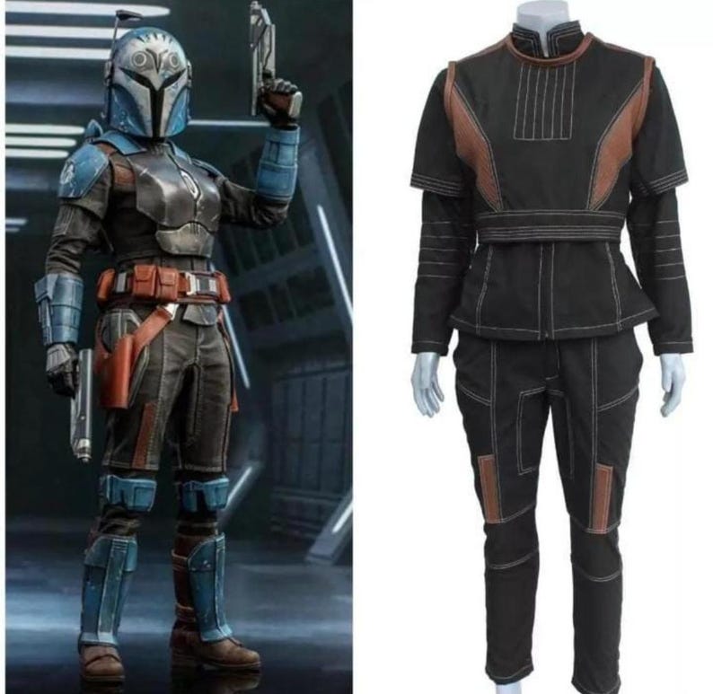 May include: A full-body costume set featuring a blue and grey helmet with a visor, matching blue and grey armour plates, a brown utility belt, and a black long-sleeved top and trousers with brown accents and visible white stitching throughout the garment.