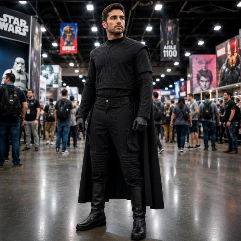 May include: A black long-sleeved shirt with a textured chest panel, matching black trousers with ribbed knee detailing, a long black cape, and black leather boots. The outfit includes black gloves and is worn in a large indoor convention hall.