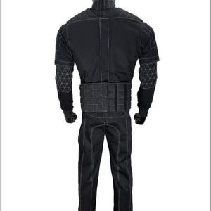 May include: A black tactical-style jumpsuit featuring a high collar, long sleeves with white geometric grid stitching on the forearms, a padded waist belt, and white contrast stitching throughout the garment, displayed on a mannequin.