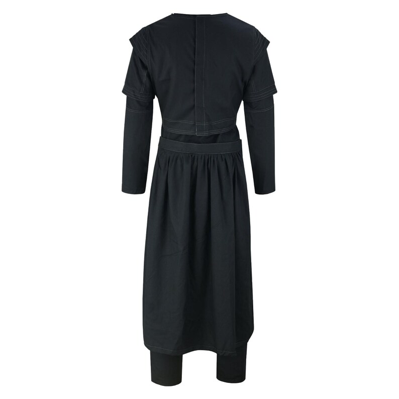 May include: A black long-sleeved garment featuring a structured bodice with layered shoulder detailing and a high neckline. The piece includes a pleated skirt section that falls to a mid-calf length, paired with matching black trousers underneath.