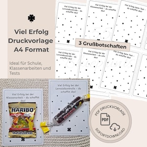 Peut inclure: Une maquette d'impression numérique avec le texte "Viel Erfolg" et "A4 Format". L'image comprend des cartes avec le texte "Viel Erfolg bei der Klassenarbeit - du schaffst das!" et un sachet de bonbons Haribo. Comprend également un bâton de bonbon.