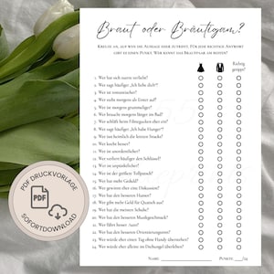 Op de afbeelding: Een wit papieren spelblad getiteld Braut oder Bräutigam met een lijst van 24 vragen in het Duits, voorzien van iconen van een jurk en een pak bovenaan, en een ronde badge met de tekst PDF DRUCKVORLAGE SOFORTDOWNLOAD.