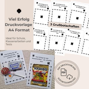 May include: A digital download printable with the text "Viel Erfolg Druckvorlage A4 Format" and "Ideal für Schule, Klassenarbeiten und Tests". The image includes cards with clover designs and candy.