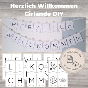 May include: A banner that says "Herzlich Willkommen" in black letters on white pennants, strung with small wooden clips. Below are additional pennants with letters and symbols. A PDF download is also available.
