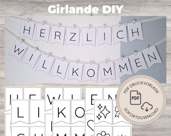 May include: A banner that says "Herzlich Willkommen" in black letters on white pennants, strung with small wooden clips. Below are additional pennants with letters and symbols. A PDF download is also available.