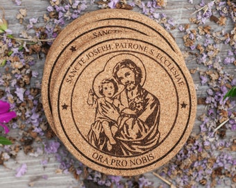 St. Joseph Cork Coaster, Set of Four or Six - Catholic Custom Engraved Cork Coasters