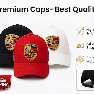 May include: Three baseball caps in black, red, and white, each featuring an embroidered emblem. The caps have an adjustable strap and are made of premium material. The image also includes text that says "Premium Caps - Best Quality".